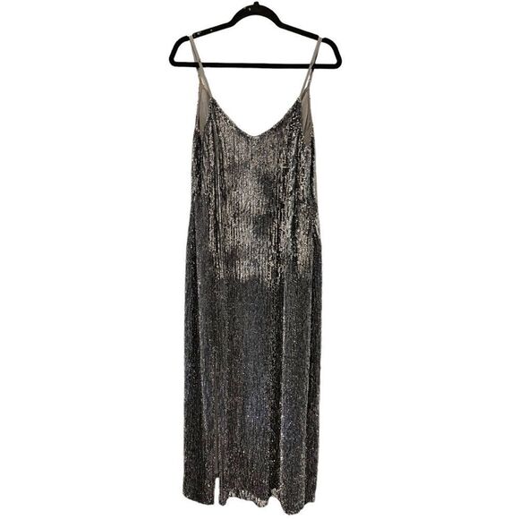 Retrofete Rebecca  Grey Velvet Trimmed Sequined Chiffon Dress ( No Belt) - Picture 11 of 11